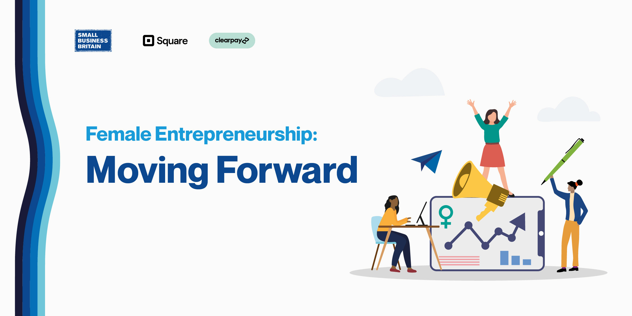 Images shows white background with figures around a whiteboard looking at a graph. This is the cover of the "Moving Forward" Female Entrepreneurship Report of 2024.